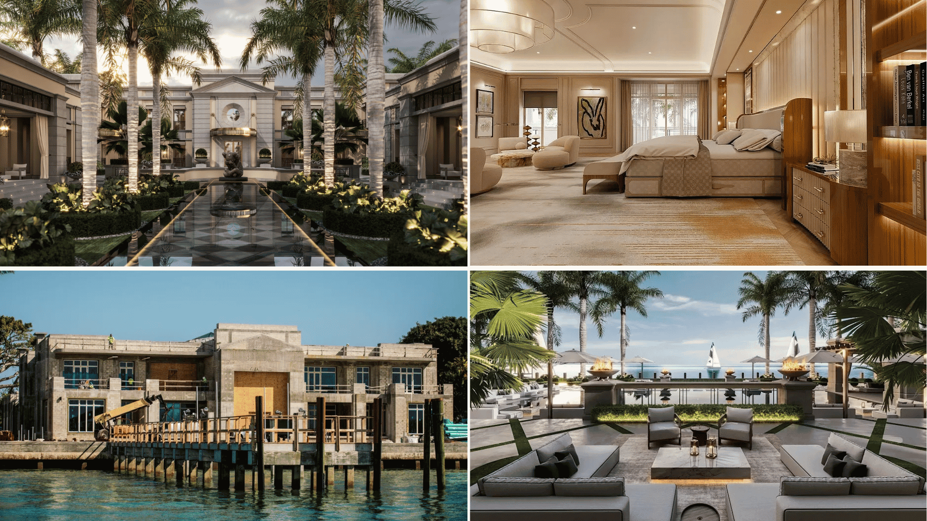 mark zuckerberg miami mansion interior and exterior views showing luxury rooms, waterfront terrace, and modern estate design
