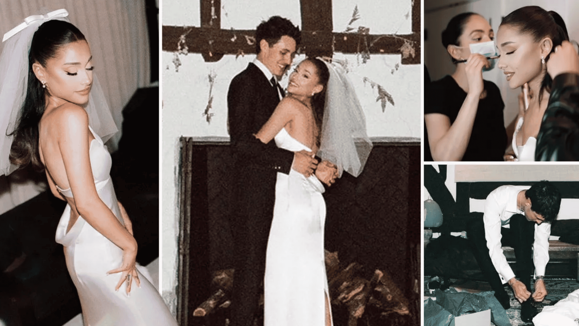 Close-up look at Ariana Grande’s wedding dress by Vera Wang for her intimate home marriage ceremony.
