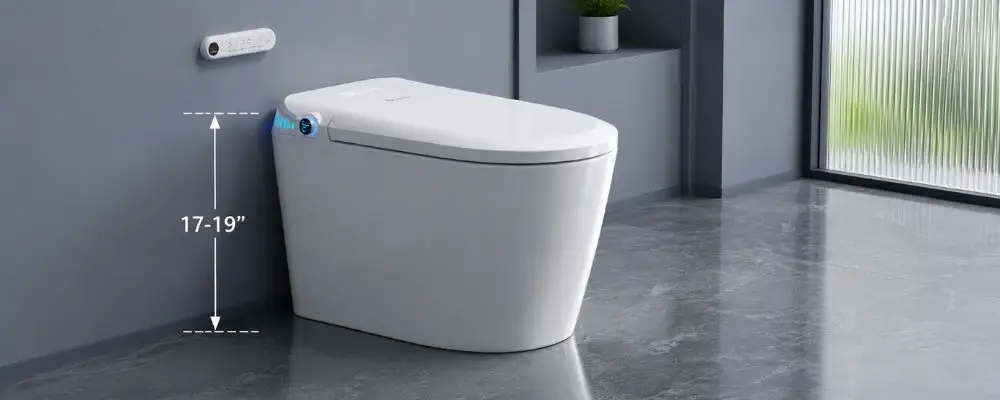Modern white bidet toilet in minimalist bathroom with gray walls and tiled floor