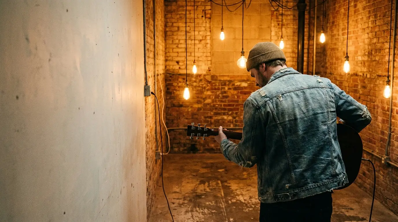 Guitarist in denim jacket playing in rustic brick room with hanging lightbulbs