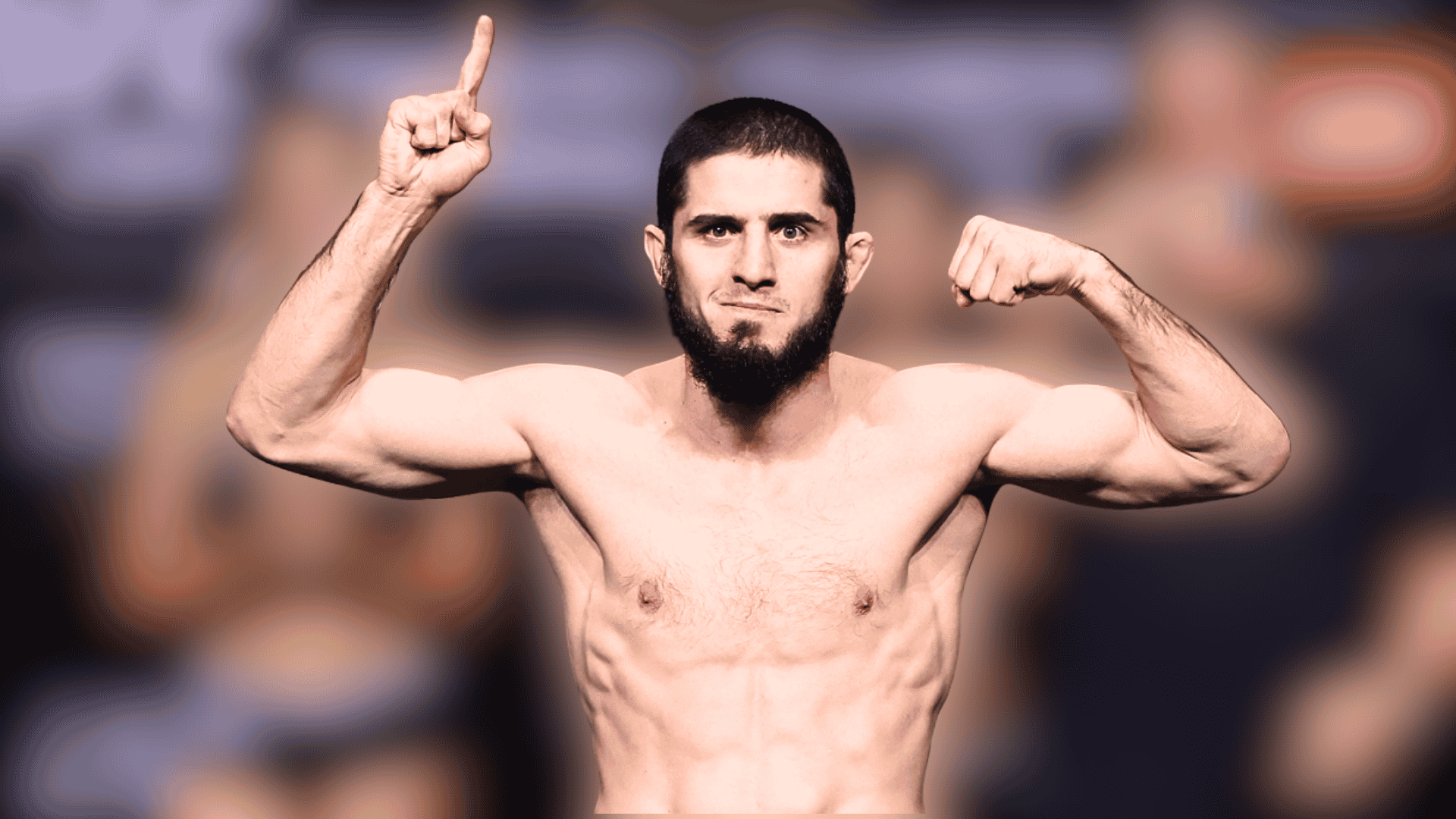 islam makhachev flexing his arms and pointing upward during a public appearance