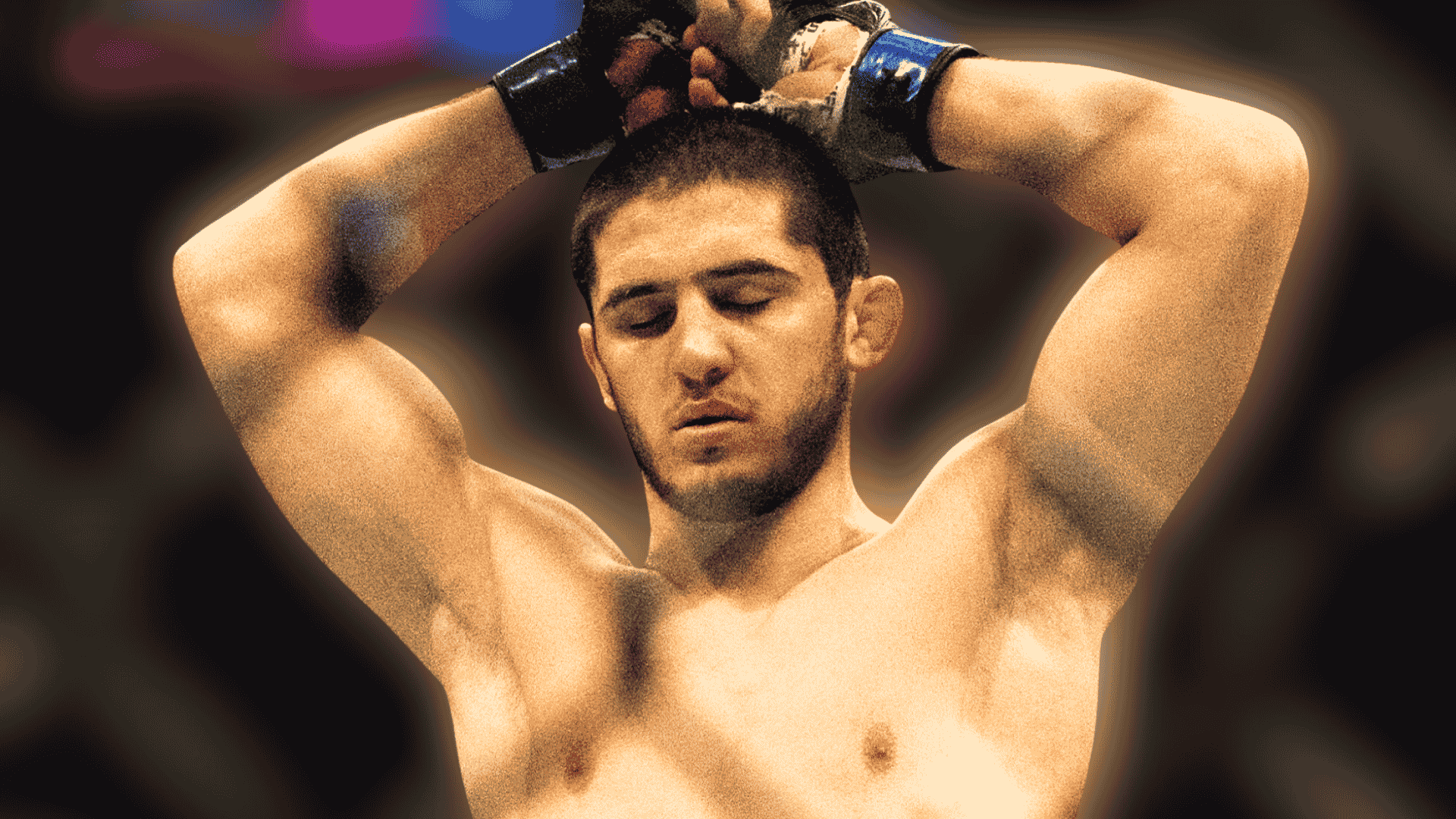 islam makhachev resting with both hands behind his head after a ufc fight
