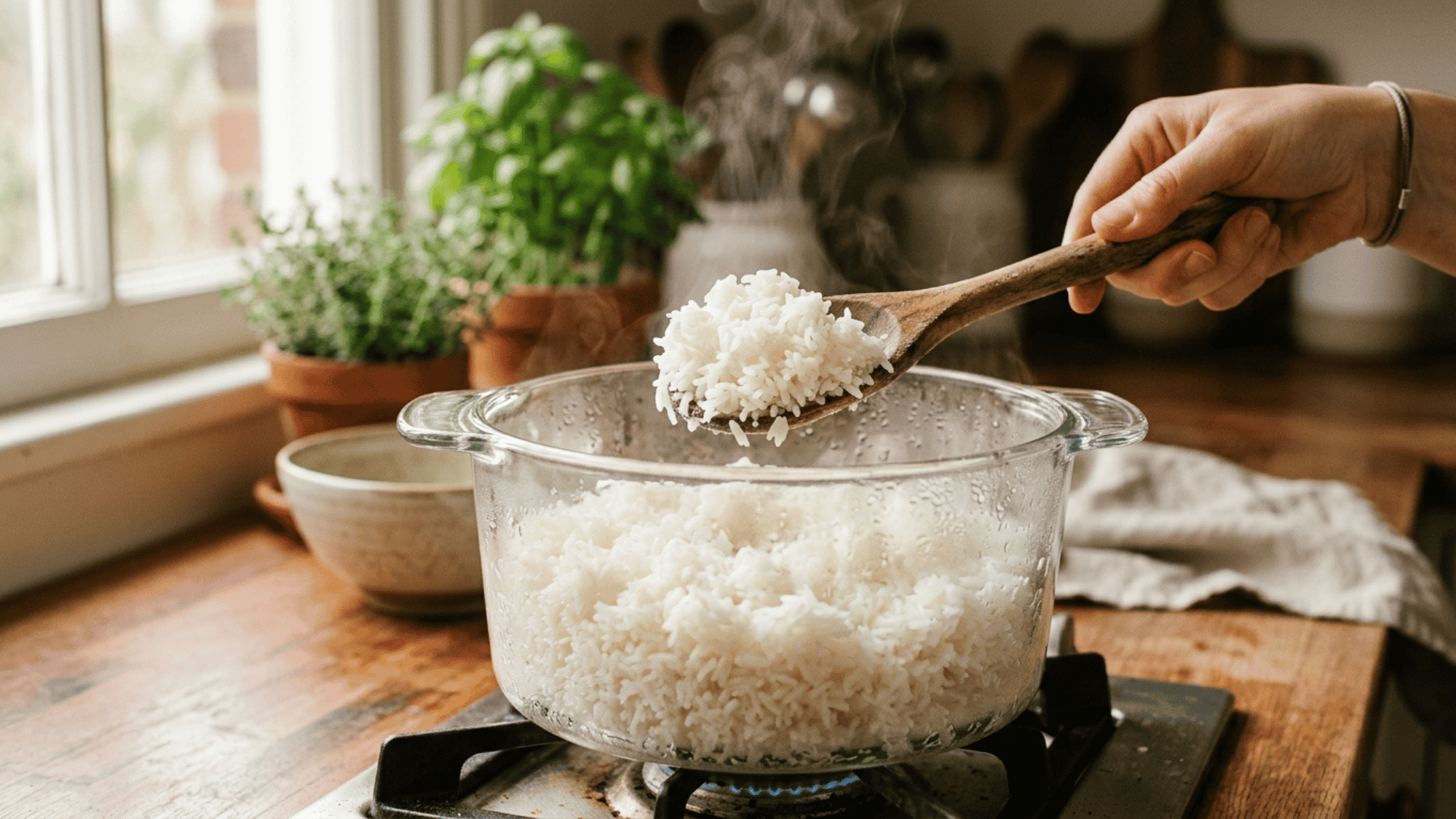 steaming jasmine rice in glass pot with wooden spoon