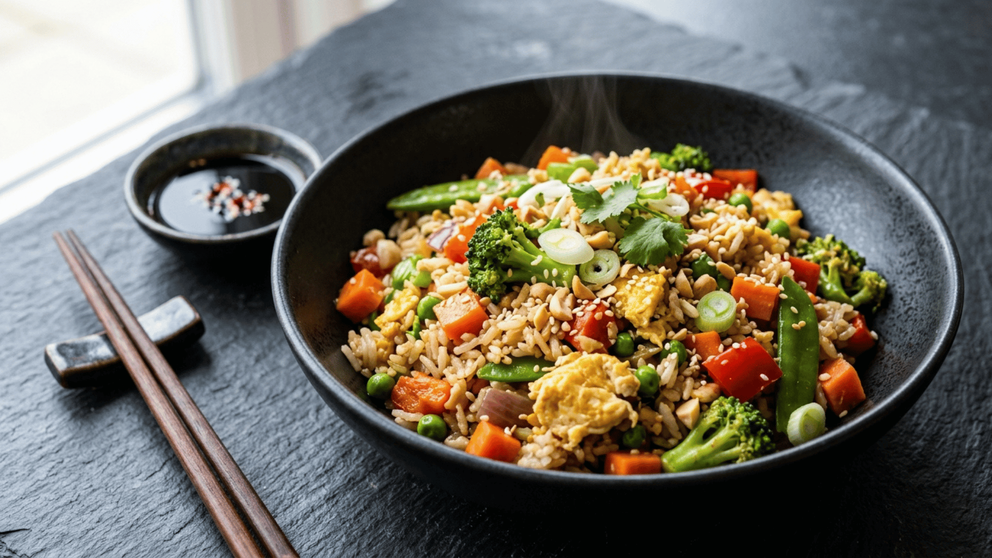jasmine rice stir fry bowl with vegetables and egg