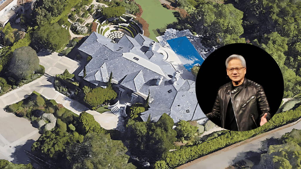 aerial view of jensen huang los altos hills estate with inset portrait