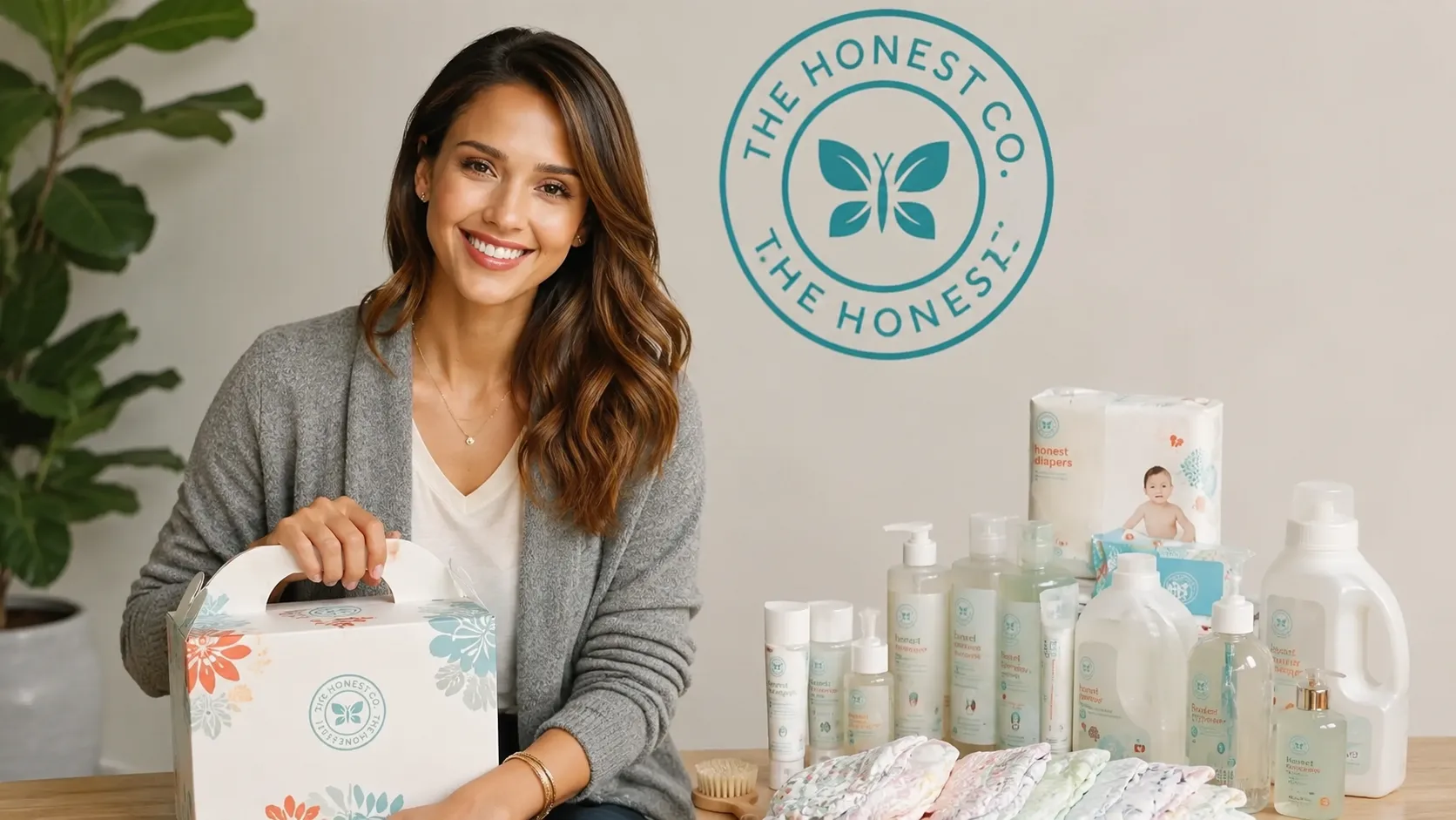 Jessica Alba presenting baby care and household products in a bright studio setting