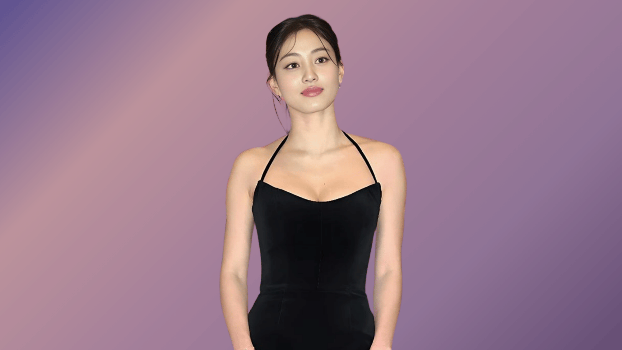 Jihyo posing in a black sleeveless dress against a soft purple gradient background