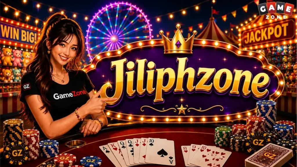 Woman in black shirt pointing at sign in colorful carnival setting with poker chips and cards