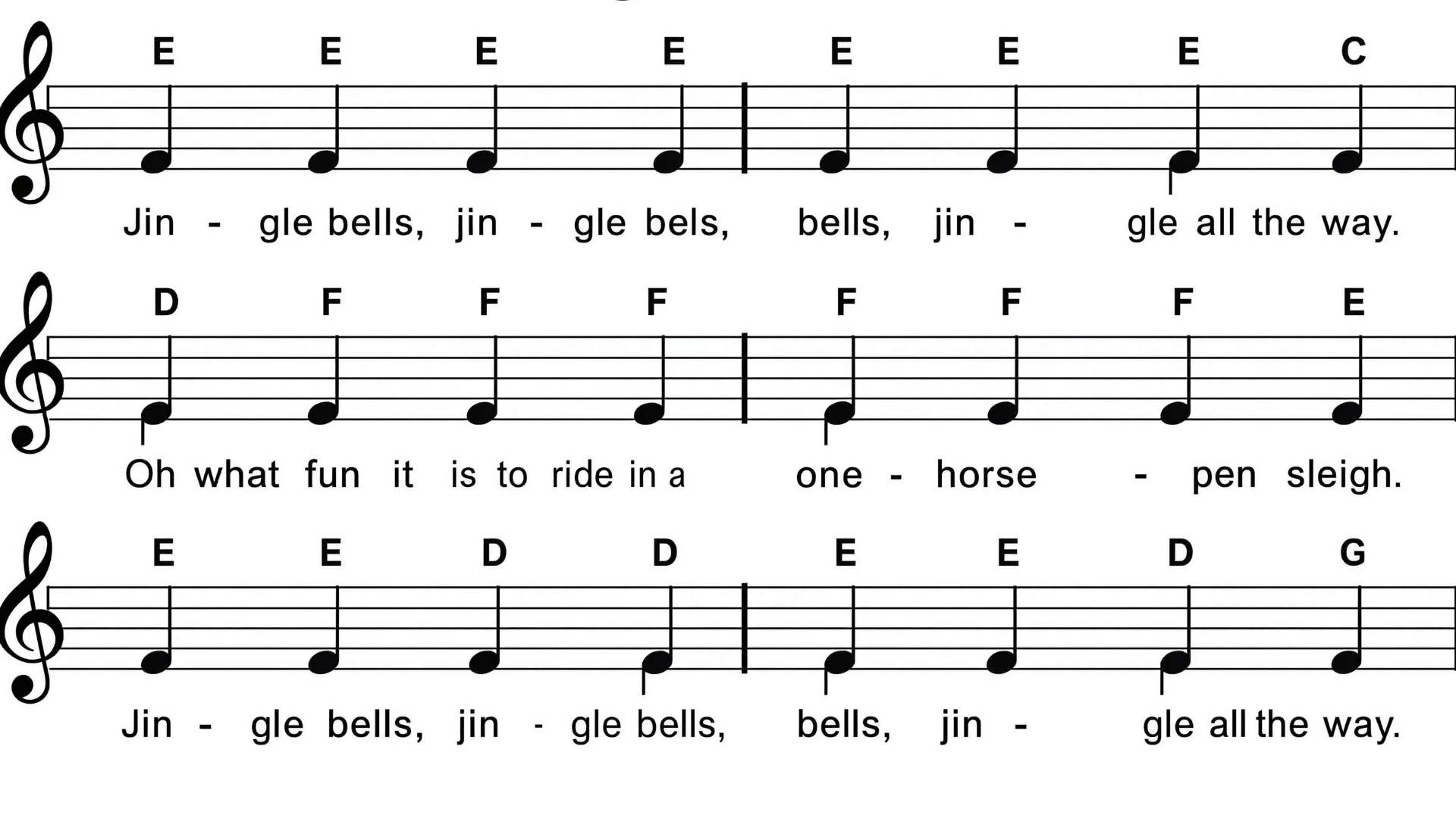 Beginner piano sheet music featuring large notation, note letters, and lyrics arranged beneath the melody.
