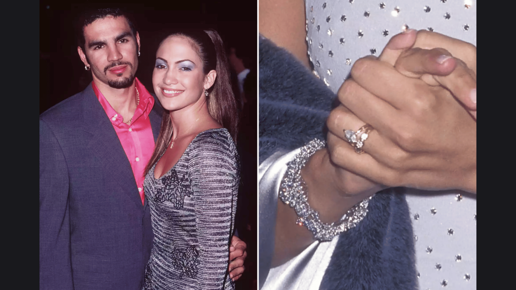 celebrity couple posing together beside a close-up view of a sparkling diamond engagement ring
