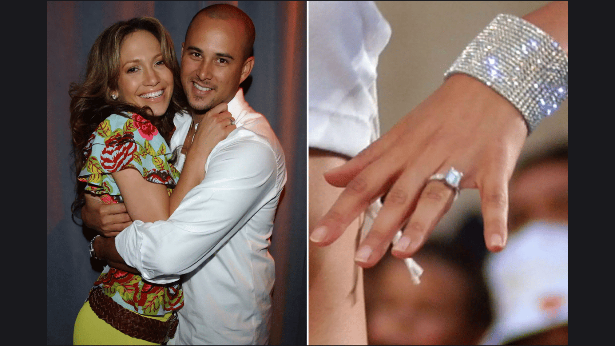 smiling celebrity couple with detailed close-up of a square-cut diamond engagement ring