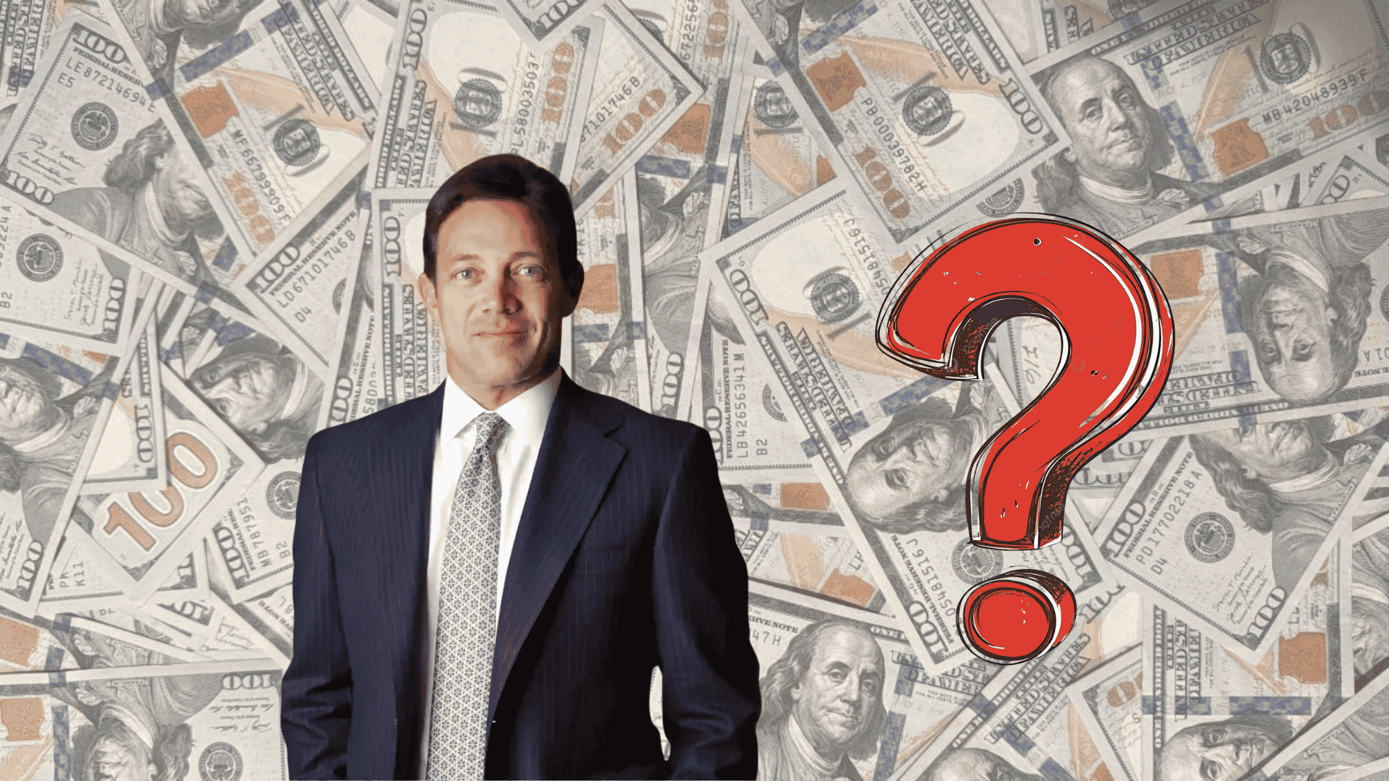 man standing before dollar bills and a large question mark