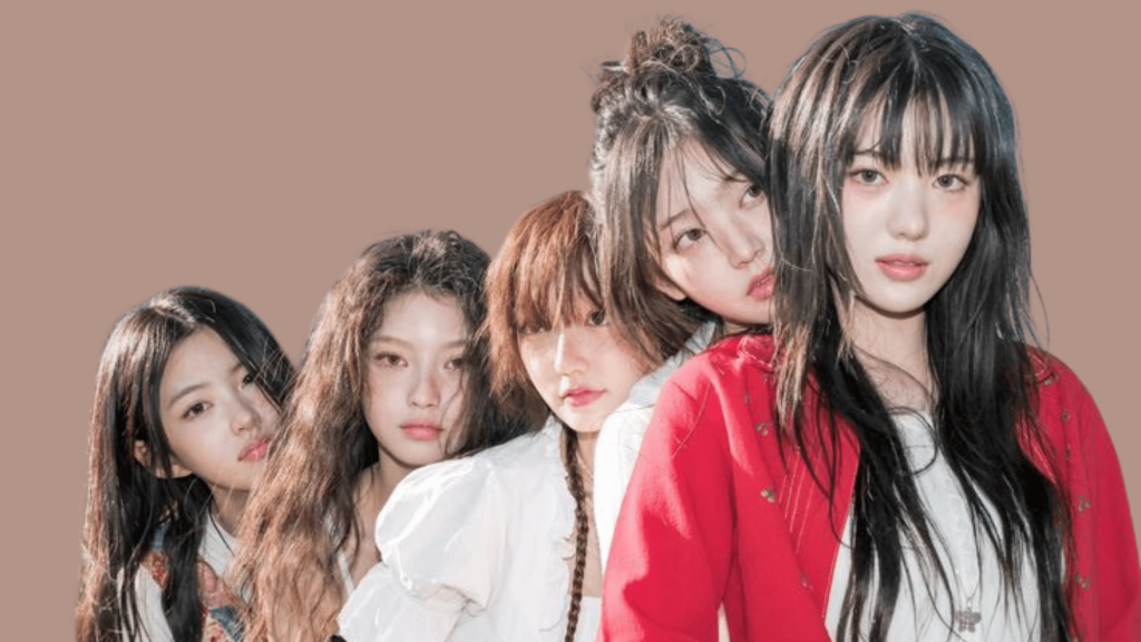 KiiiKiii group photo with all five members posing against a beige backdrop
