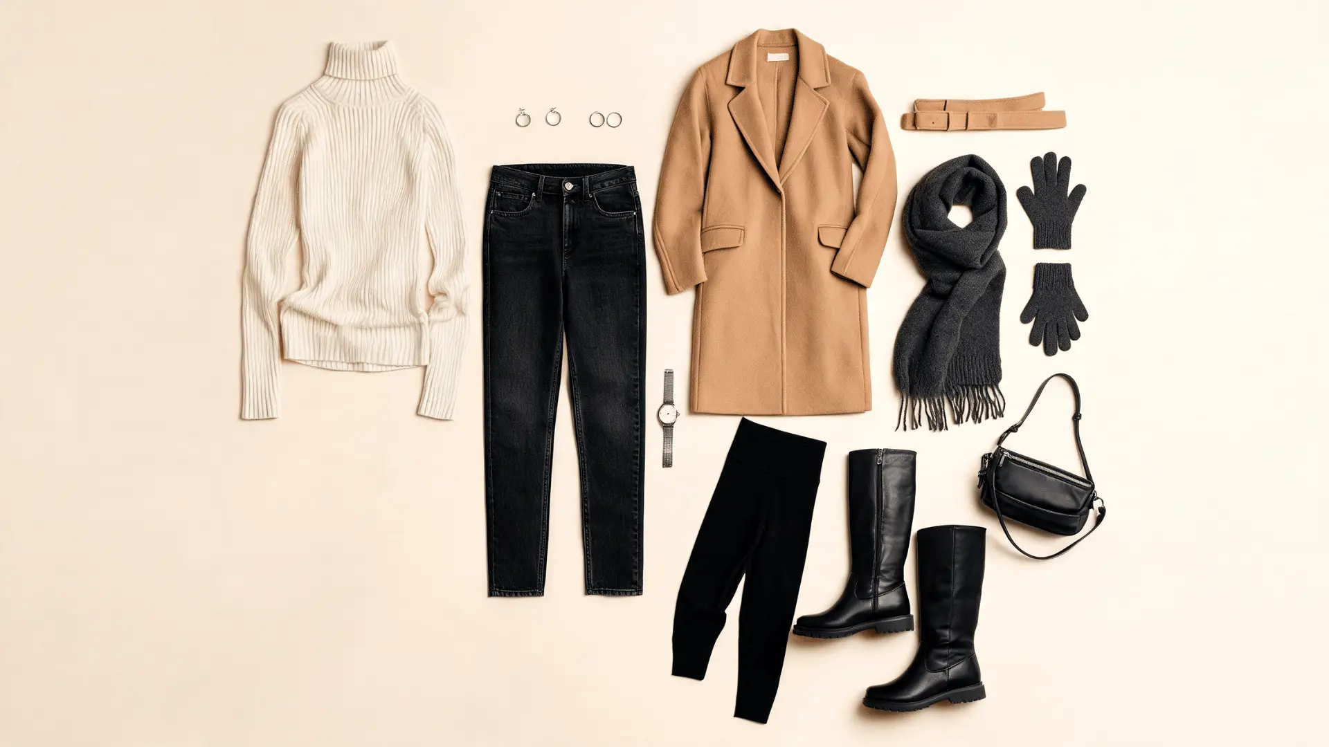 turtleneck wool coat jeans knee high boots scarf gloves and leather bag in a flat lay winter outfit board