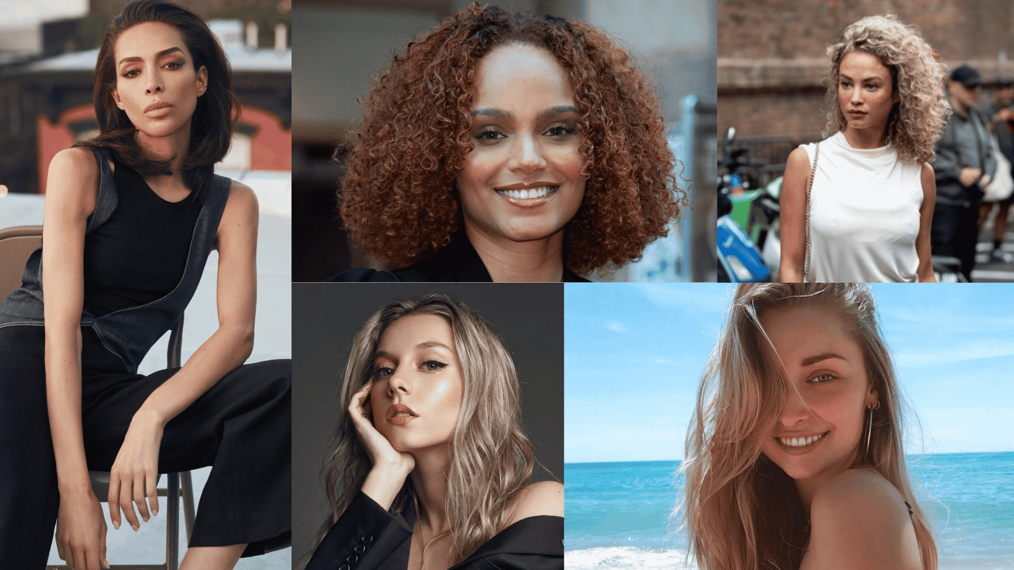 Collage of five women linked to Kylian Mbappé in dating rumors, shown in individual portrait photos.