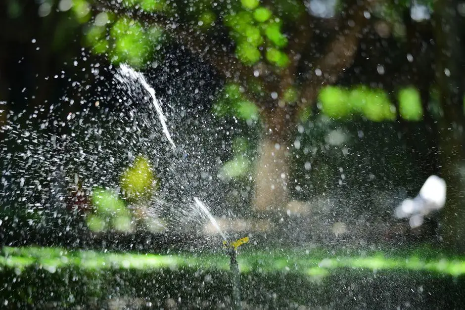 Sprinkler spraying water droplets on green lawn in sunlit garden