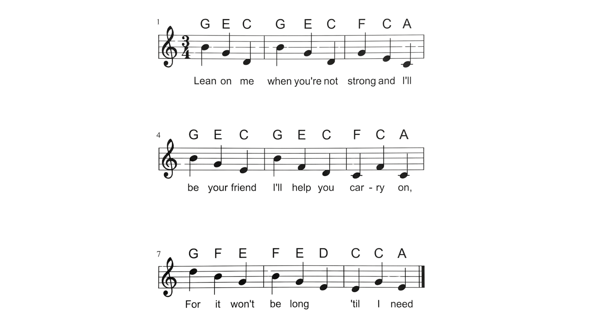 Beginner-friendly piano notation featuring clear treble clef notes, note names, and aligned lyrics