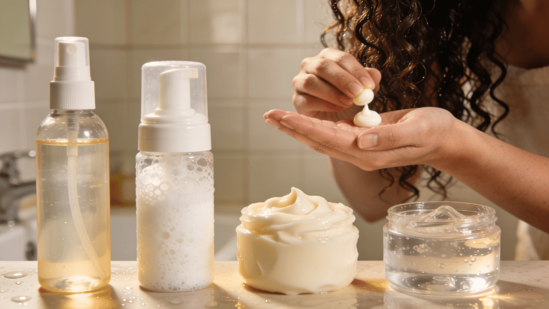 leave in spray mousse curl cream and gel arranged in order beside a person styling damp curls