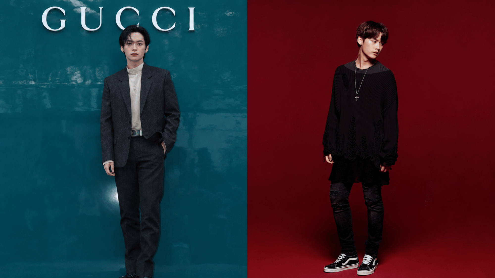 Lee Know poses in two full-body looks against vivid teal and dark red backdrops.