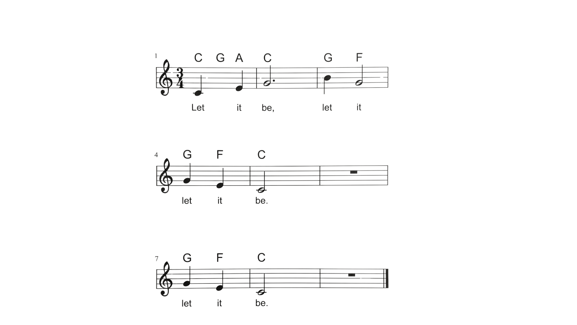 Simplified beginner piano sheet music with clear treble clef notation, note names, and song lyrics