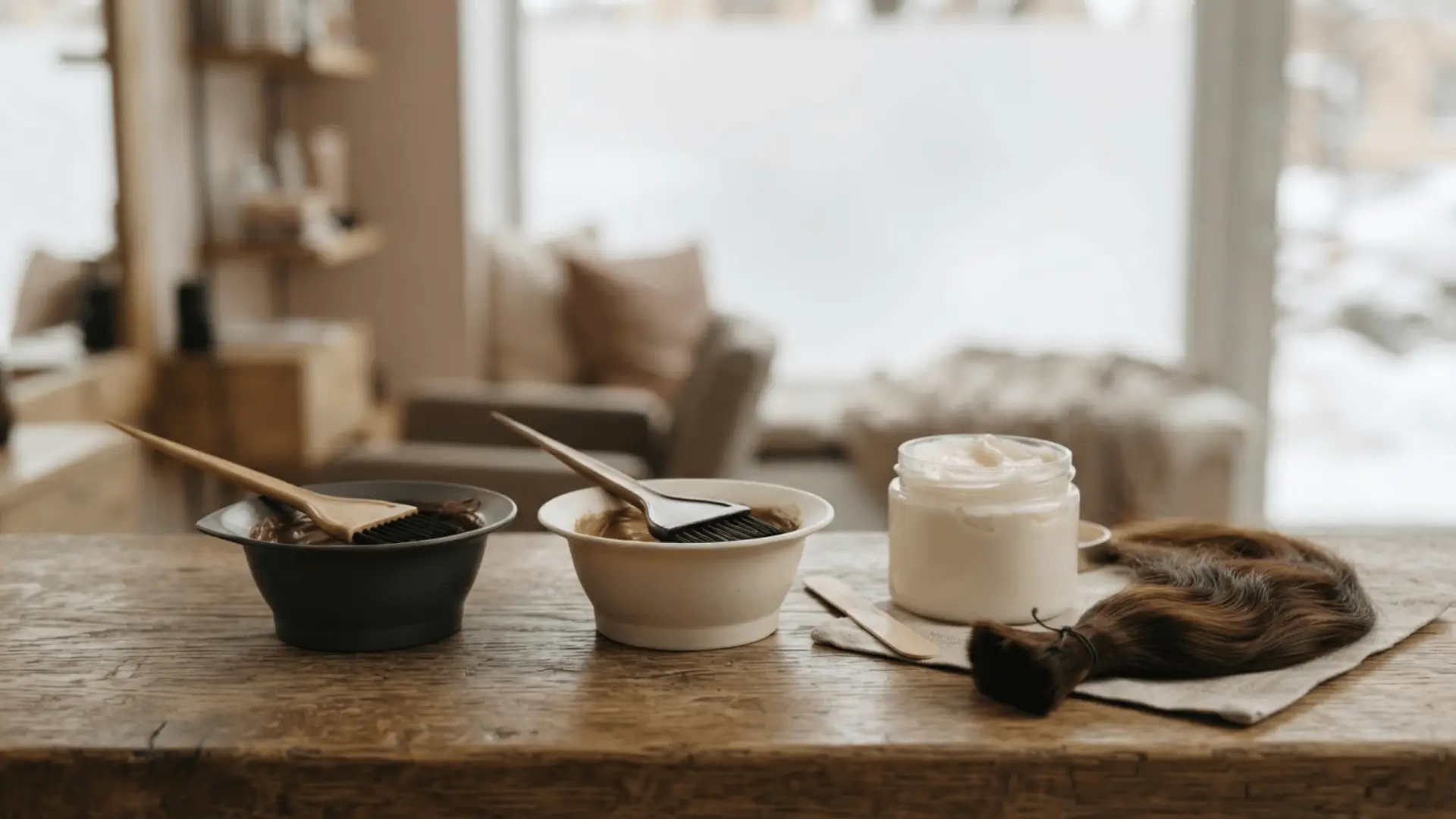 hair coloring bowls brushes cream jar and brown hair extensions arranged on a rustic wooden table near a snowy window