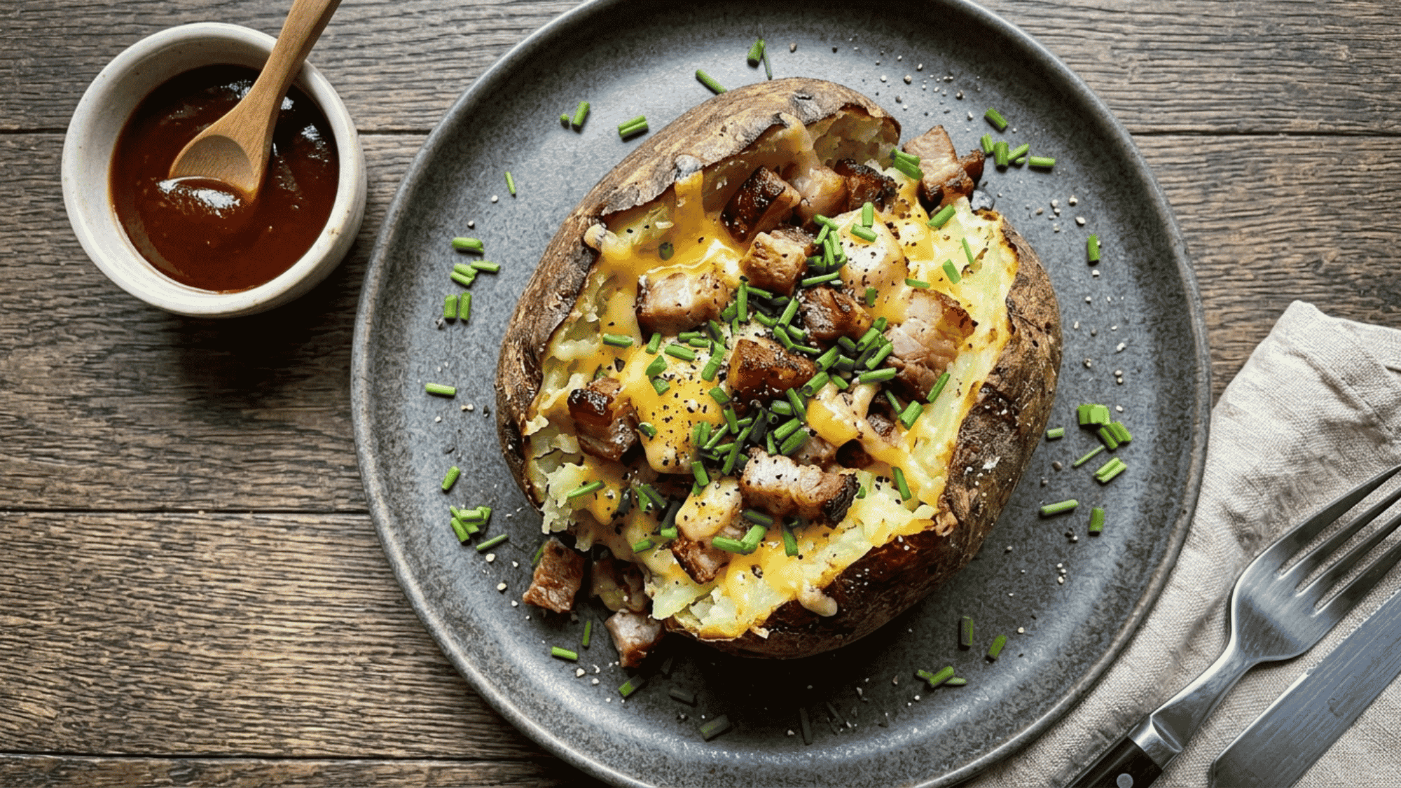loaded baked potato with cheese and sauce