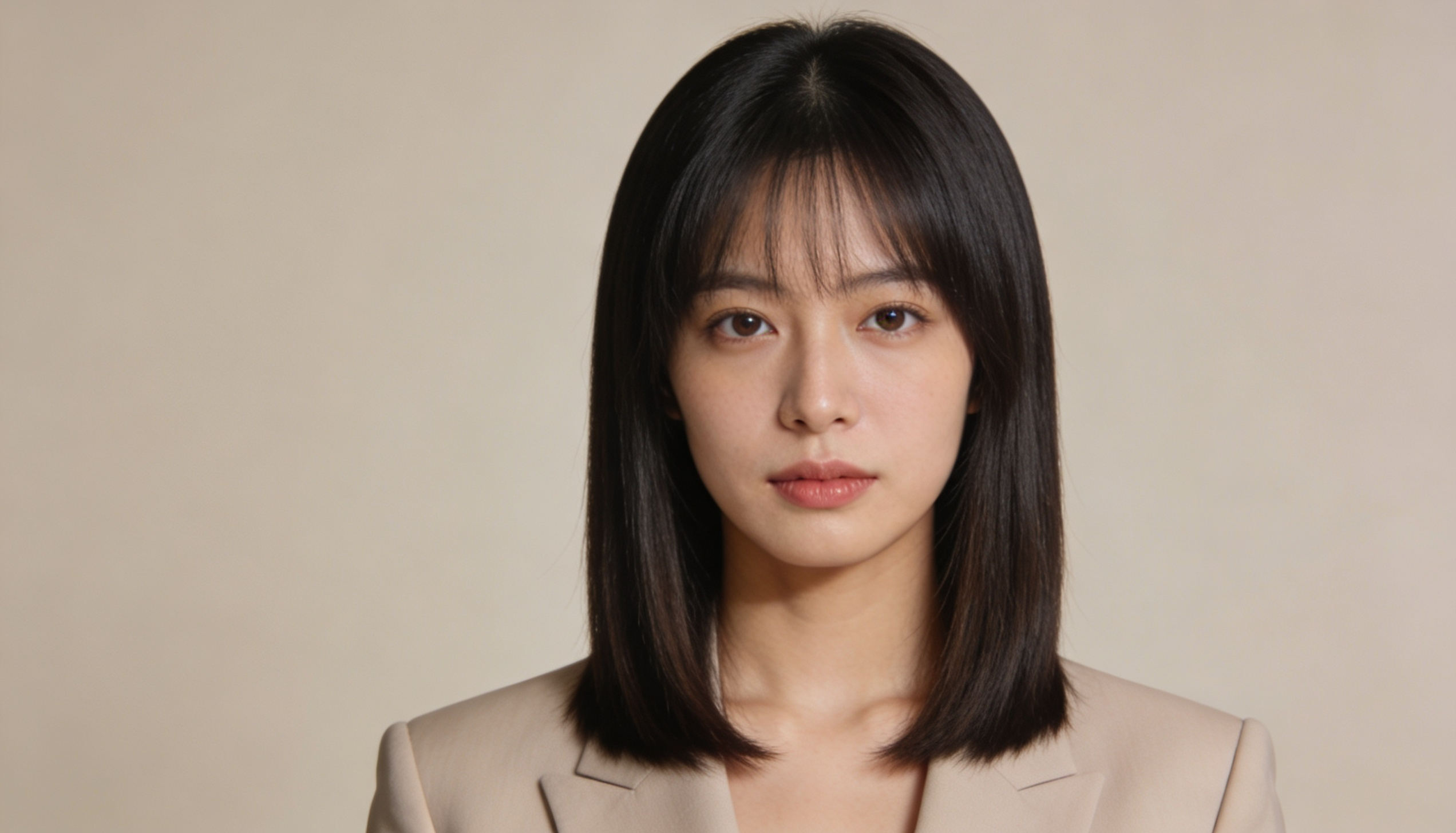 a smooth long bob falling just below the jawline, adding balanced visual weight for a heart-shaped face.