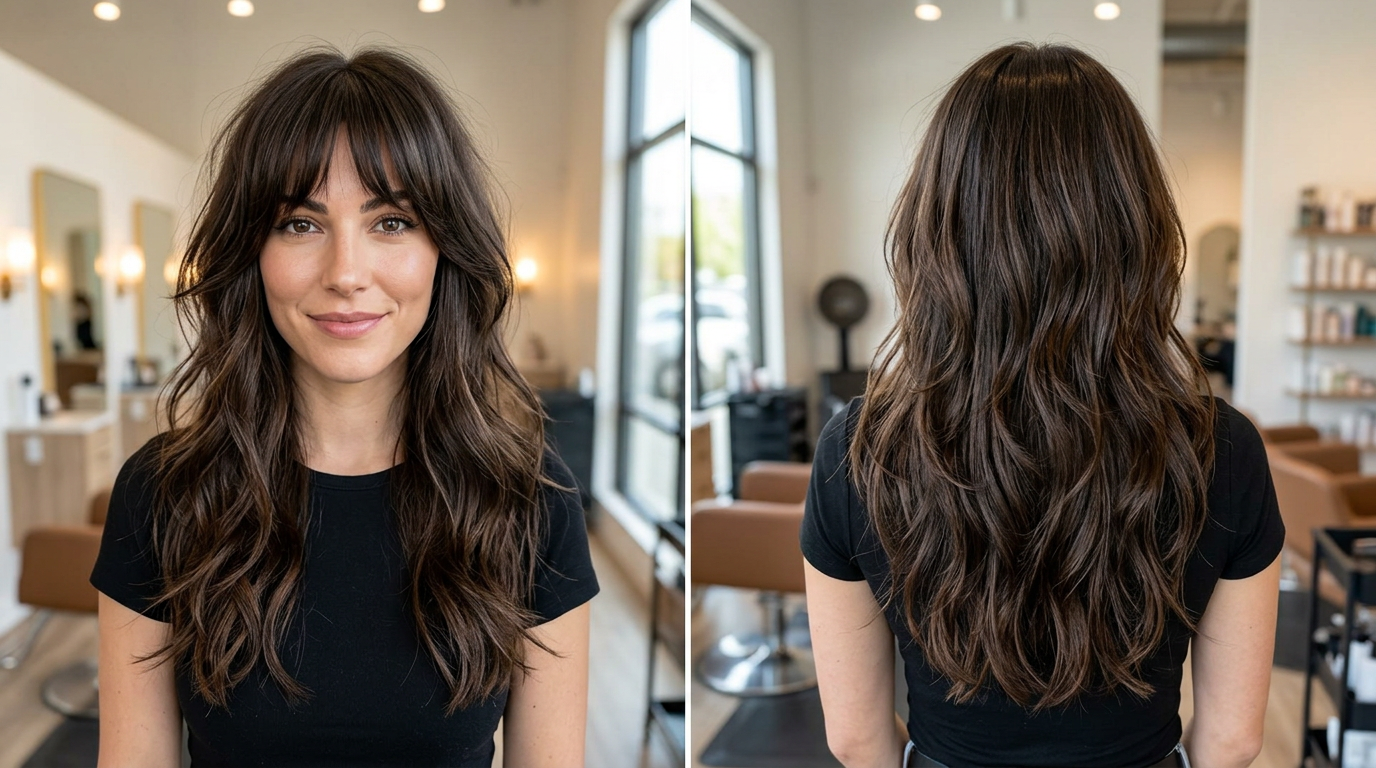 Woman with a heart-shaped face showing front and back views of a long shag haircut with soft layers and natural texture.