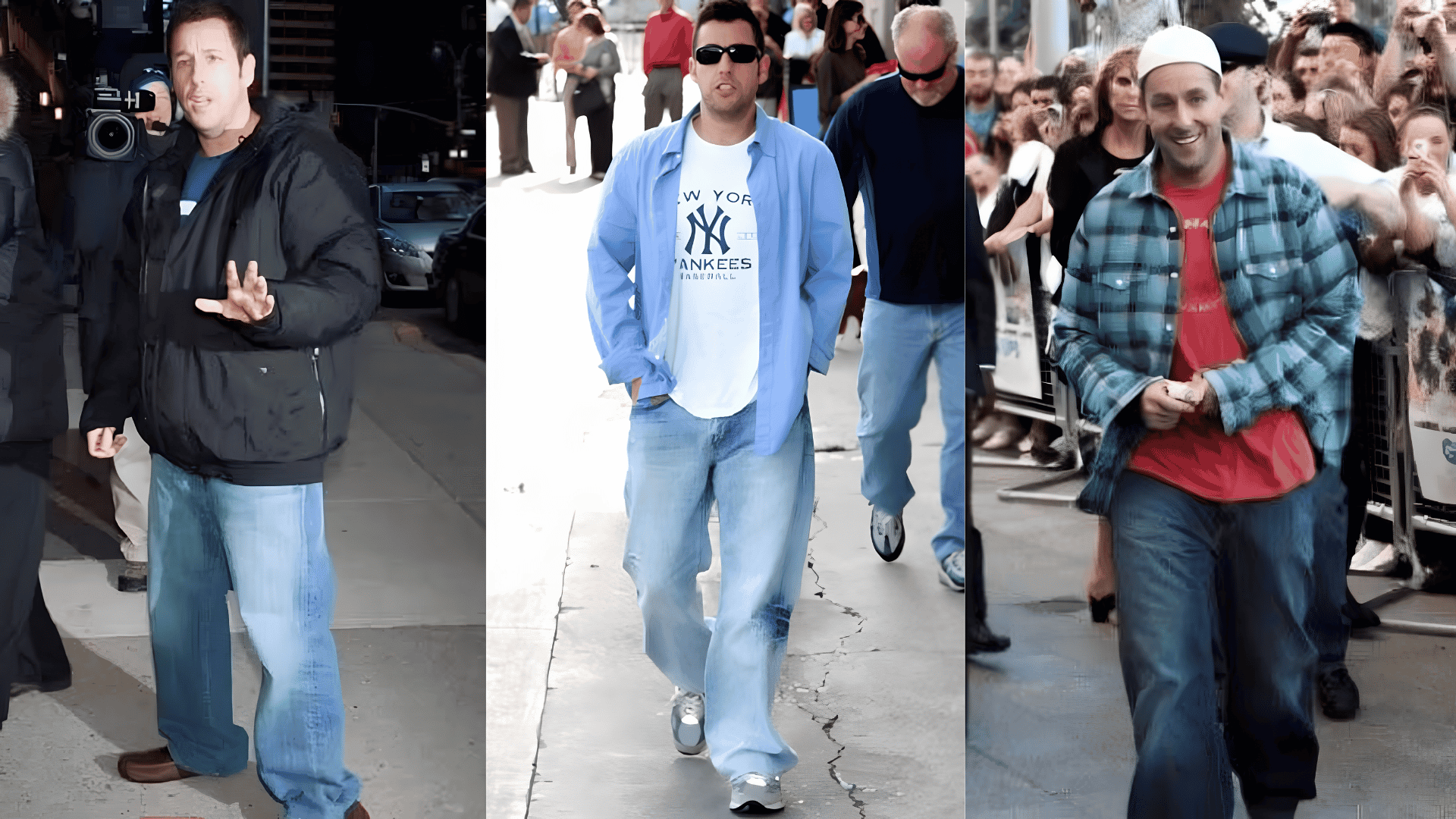Three casual outfits with loose-fit jeans paired with jackets and layered tops