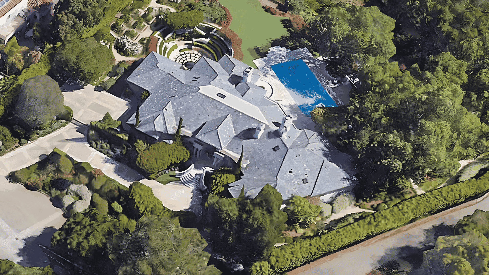 aerial view of los altos hills estate with pool