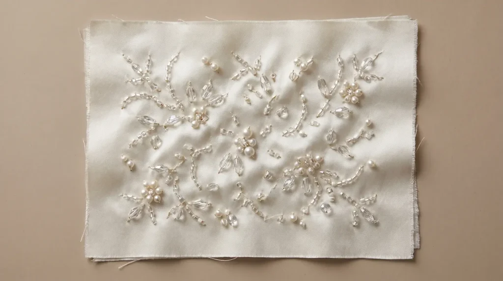 Fabric swatch with intricate pearl and crystal bead embroidery on beige background