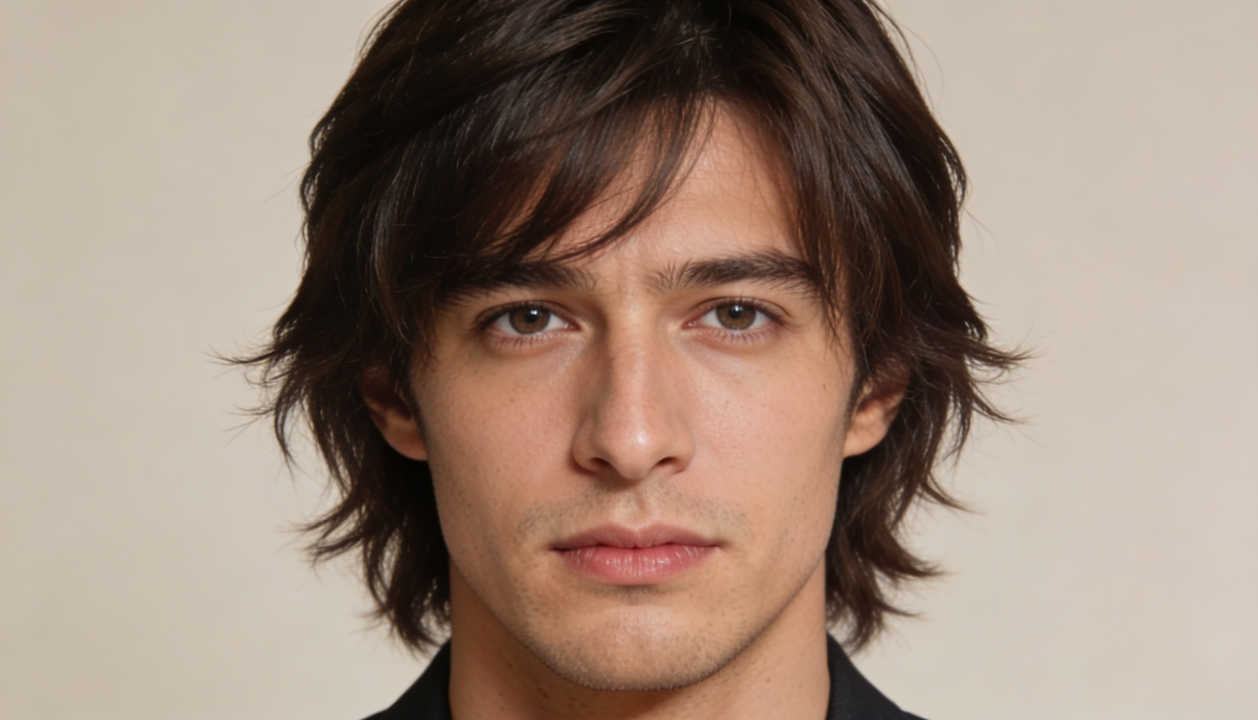 long layered scissor cut, soft natural layers and relaxed flow in a clean passport-style portrait.