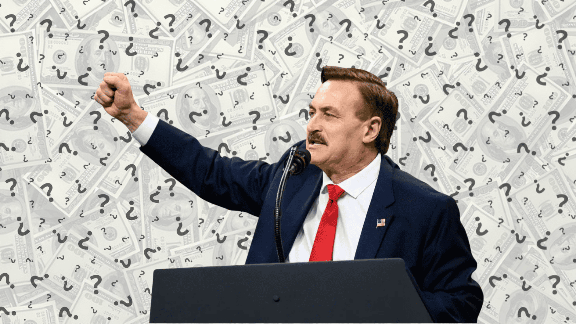 man speaking with money and question marks behind him