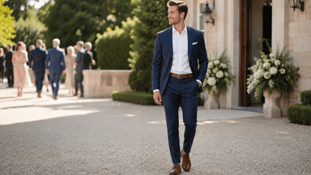 man in navy suit outside wedding venue