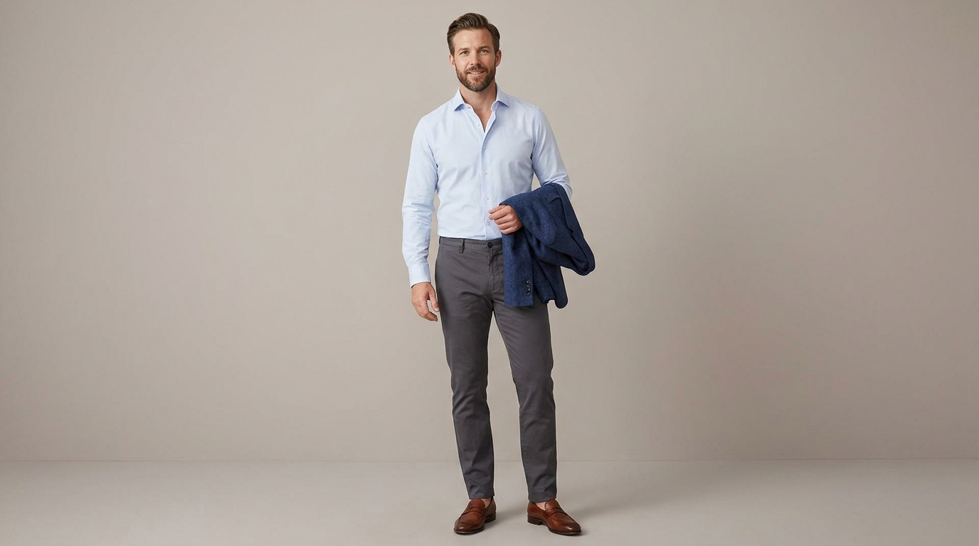 man wearing a button down shirt with chinos at a relaxed outdoor wedding setting
