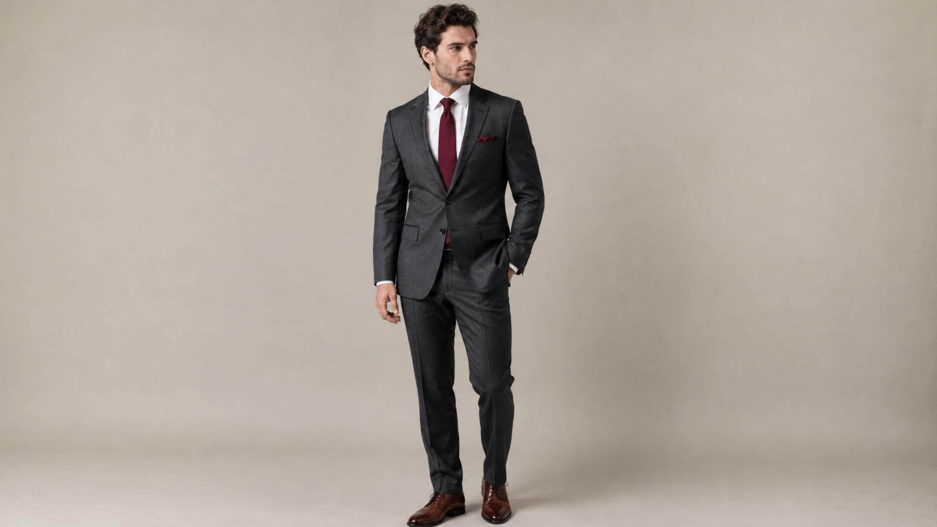 man wearing a charcoal grey suit with a crisp white shirt at an evening wedding