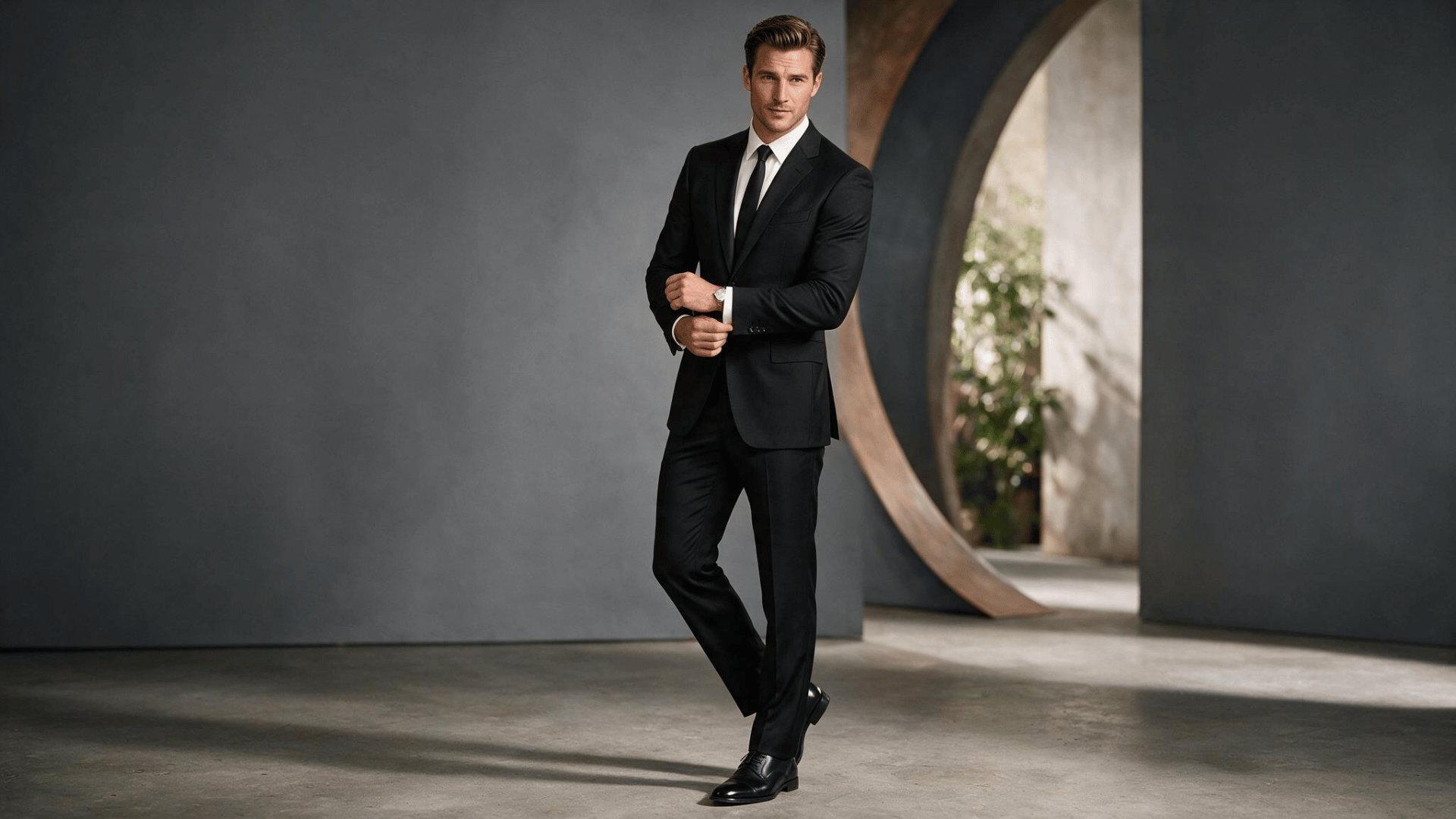 man wearing a classic black suit with a white shirt at a formal wedding ceremony