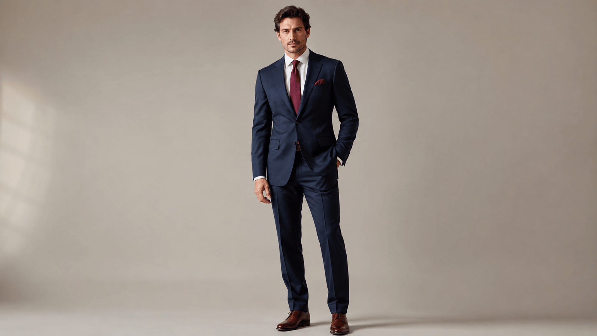 man wearing a fitted navy suit with a white shirt at a semi formal wedding