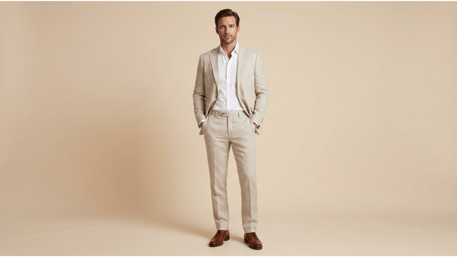 man wearing a light coloured suit with a white shirt at an outdoor wedding venue