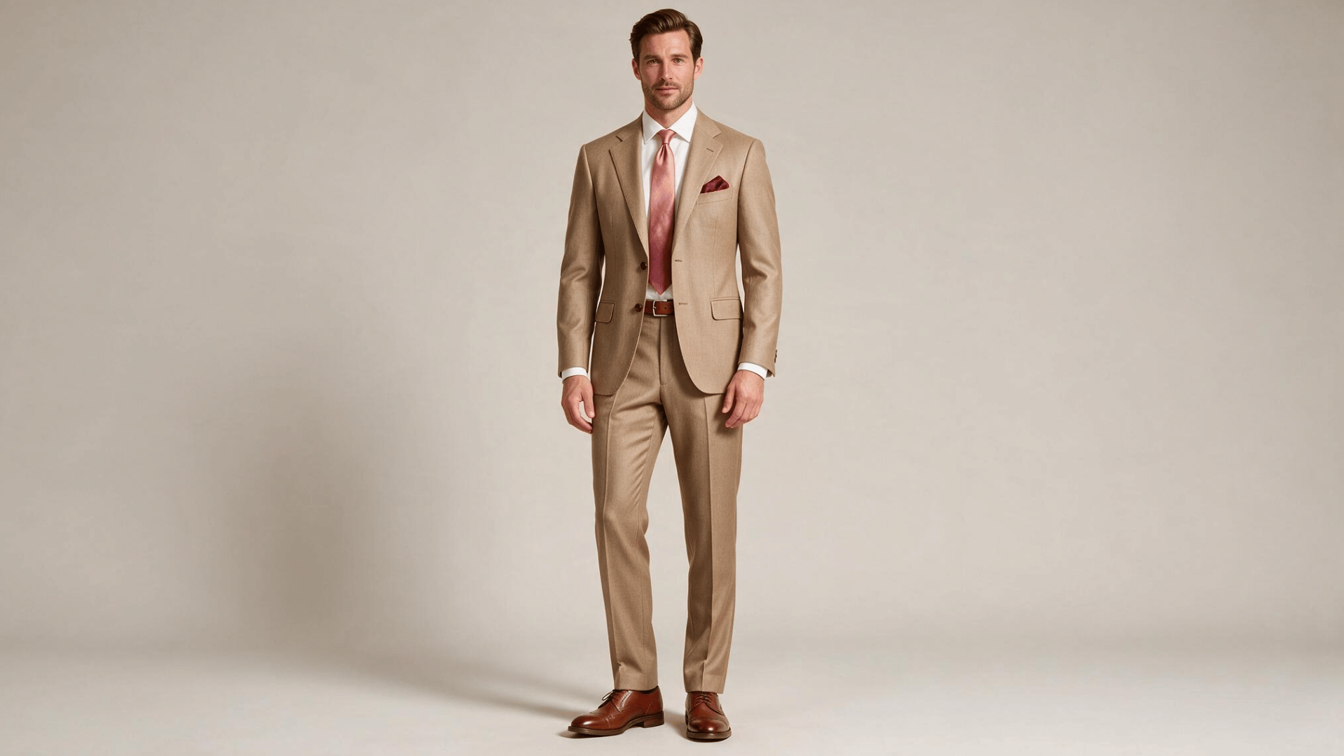 man wearing a tan stone suit with a white shirt at an outdoor wedding venue