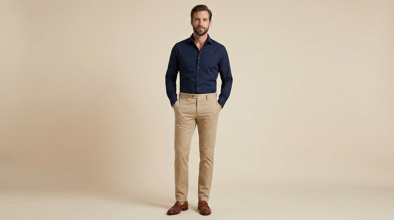 man wearing beige chinos with a blue shirt at an outdoor wedding