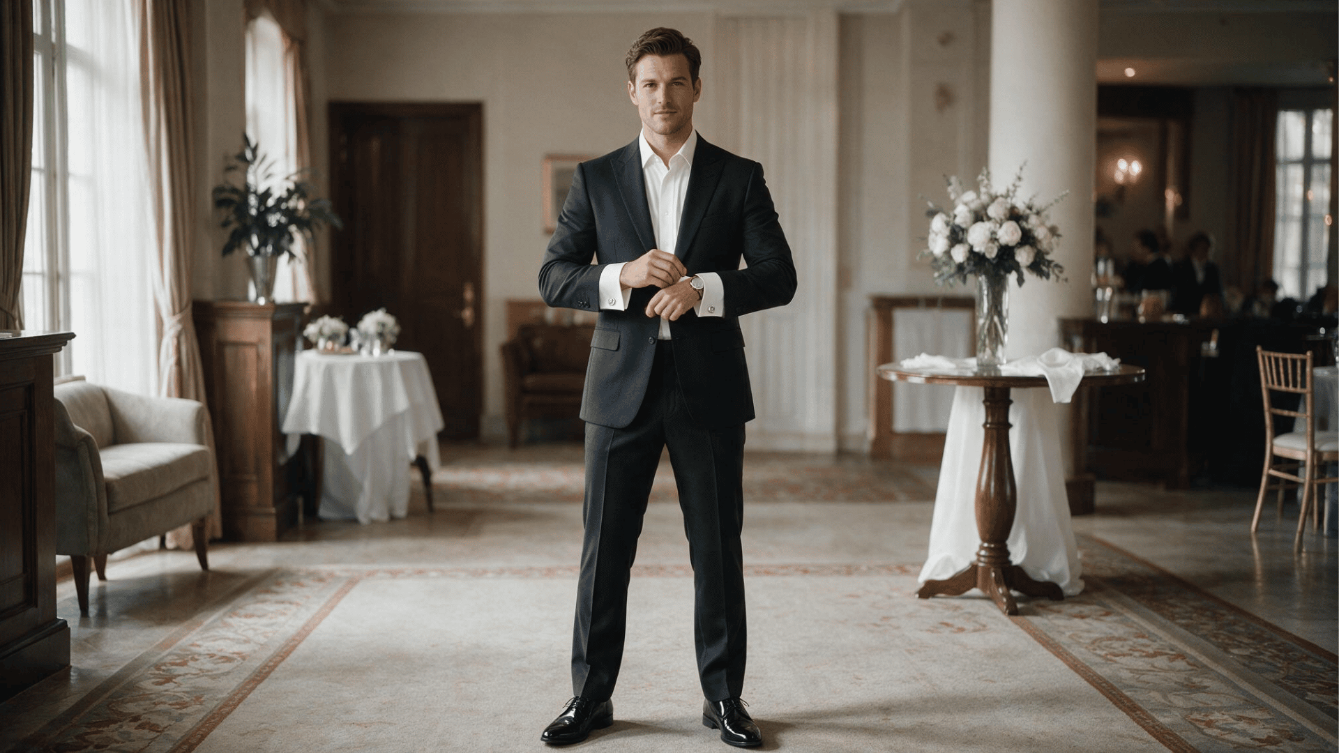 man wearing silver cufflinks with a crisp white shirt at a formal wedding event