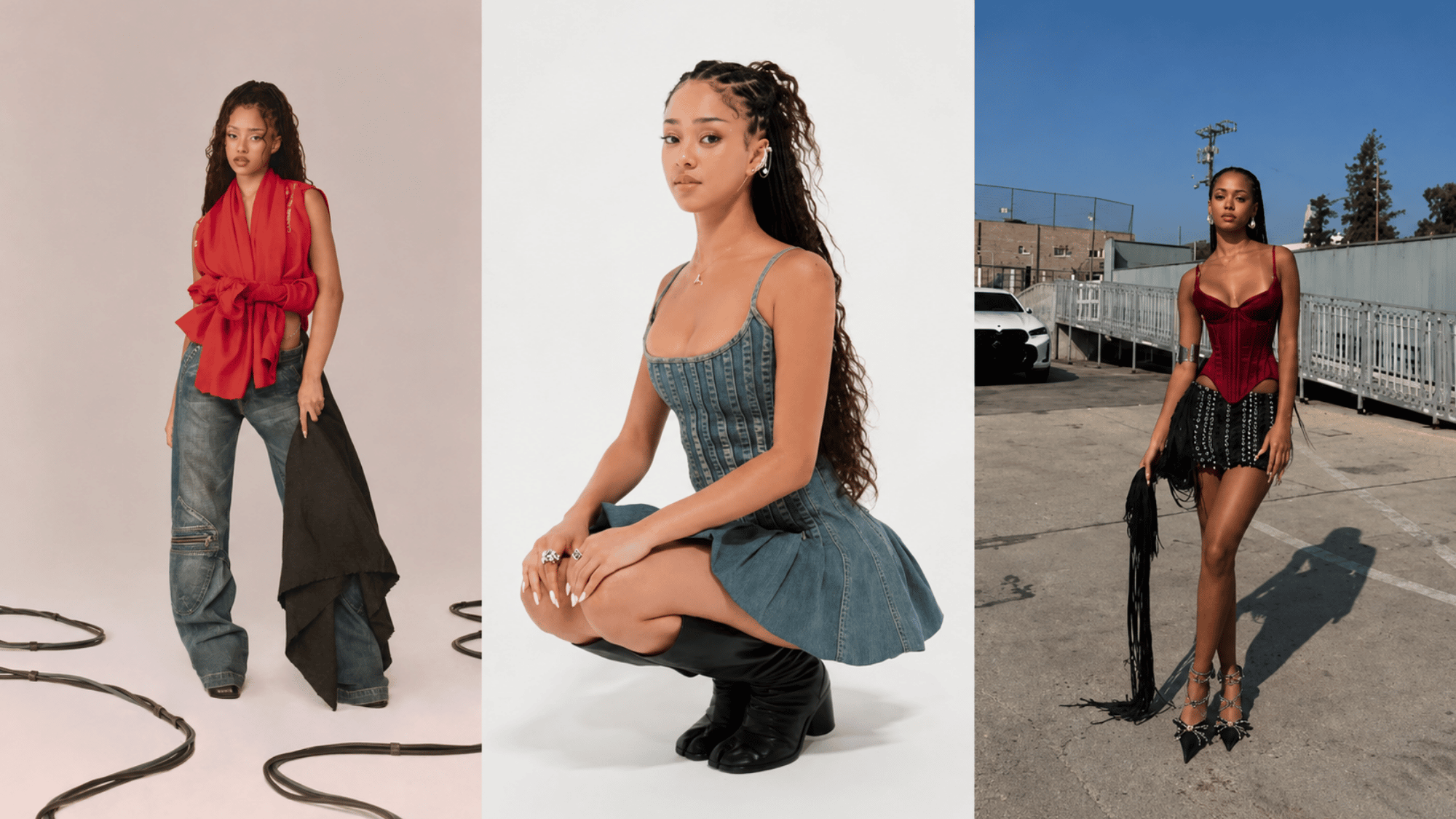 Manon poses in three fashion looks, including red, denim, and burgundy outfits.