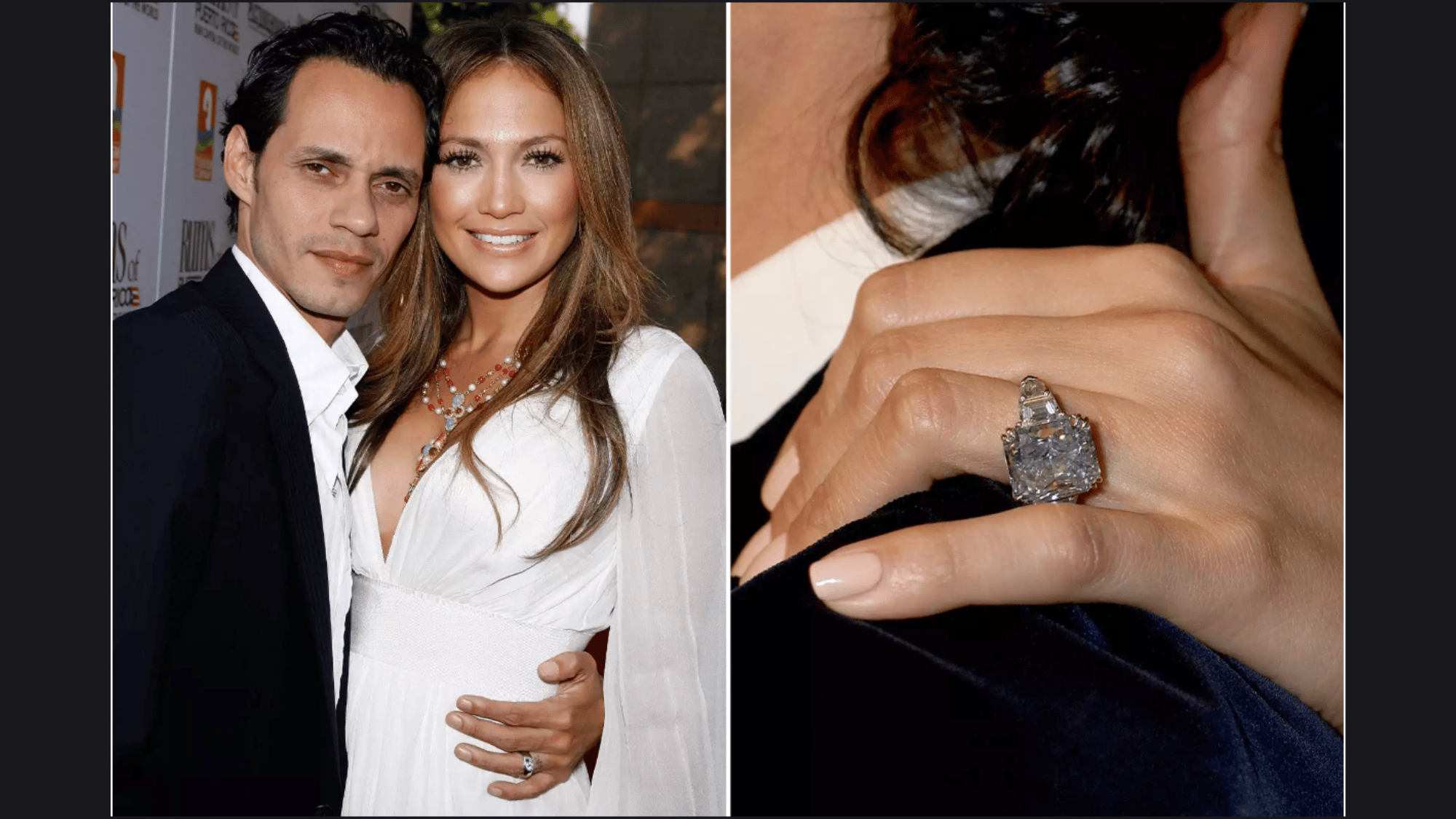 celebrity couple posing together beside a close-up of a large radiant-cut diamond engagement ring
