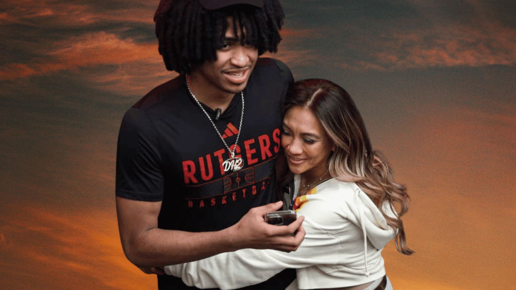 Dylan Harper shares a warm hug with Maria Pizarro Harper during a candid Rutgers basketball moment.