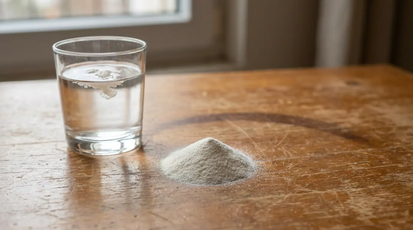 Glass of water and pile of white powder on wooden table near window