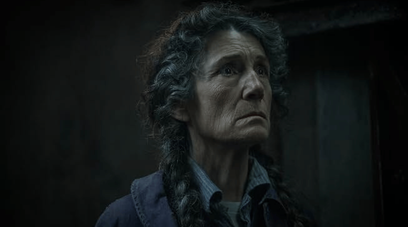 Martha Walker looking worried in a dim hallway.