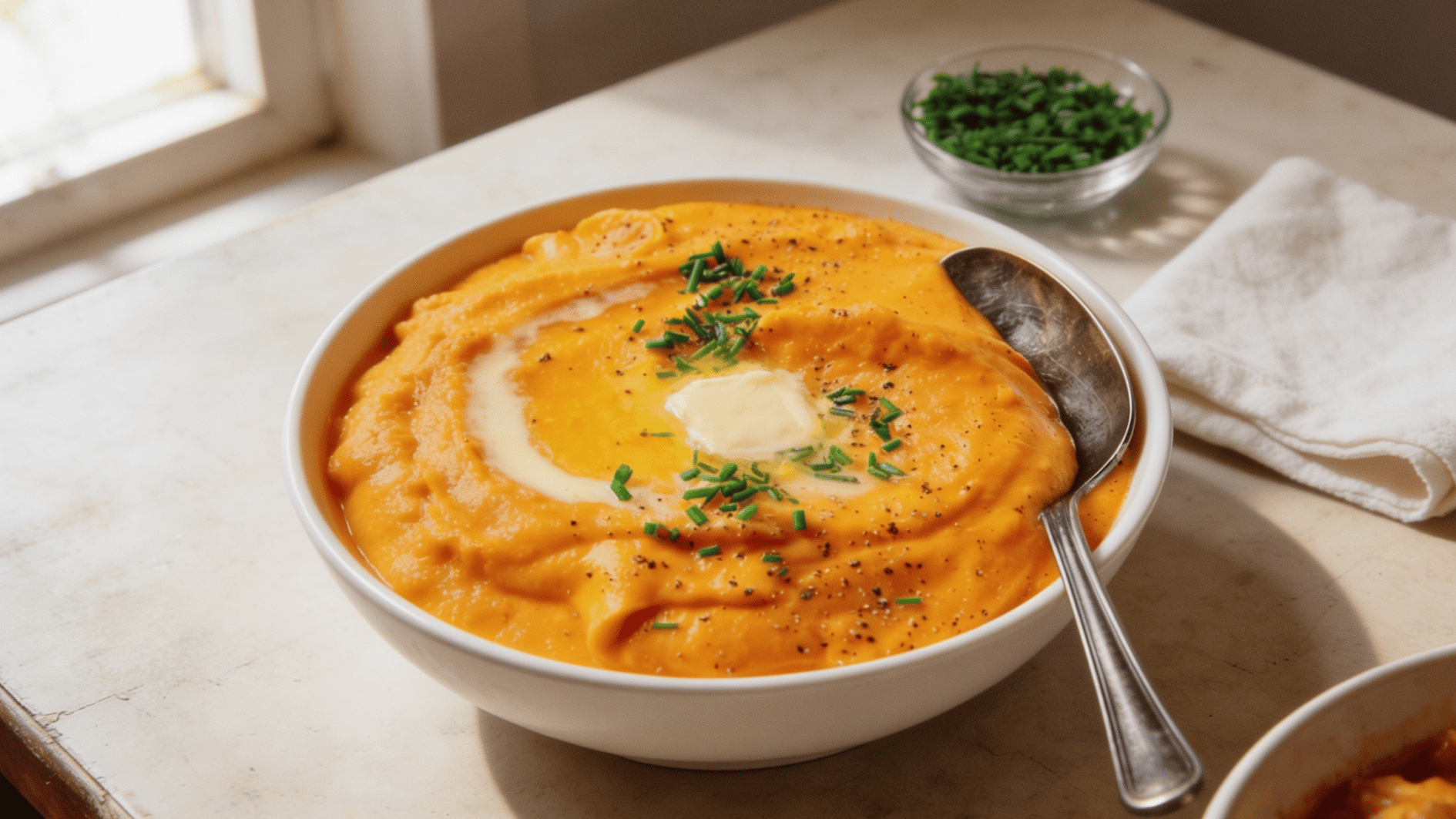 creamy mashed butternut squash topped with butter, cream, herbs, and black pepper, served in a white bowl with a spoon