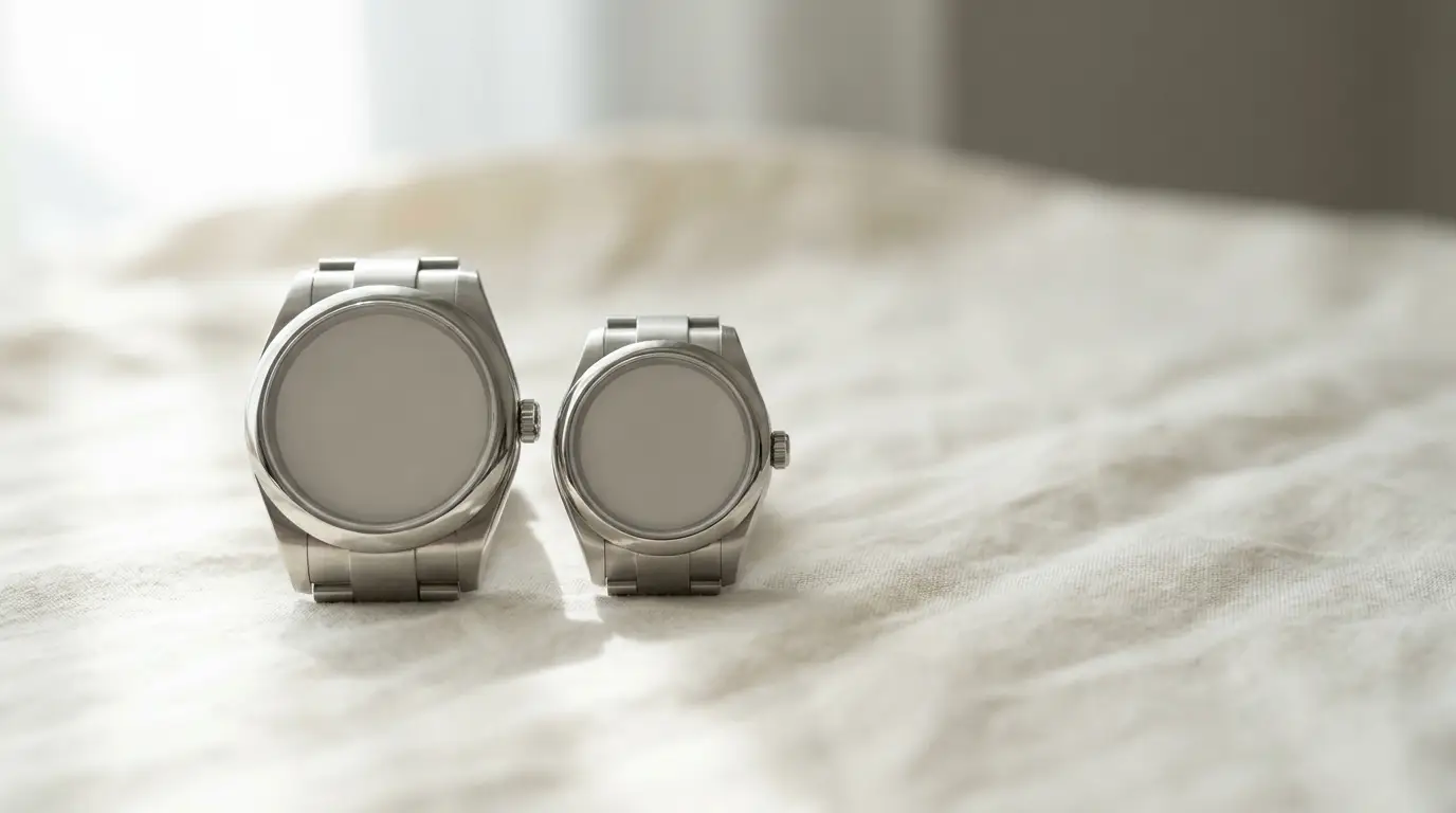 Two stainless steel watches on a soft, sunlit fabric surface