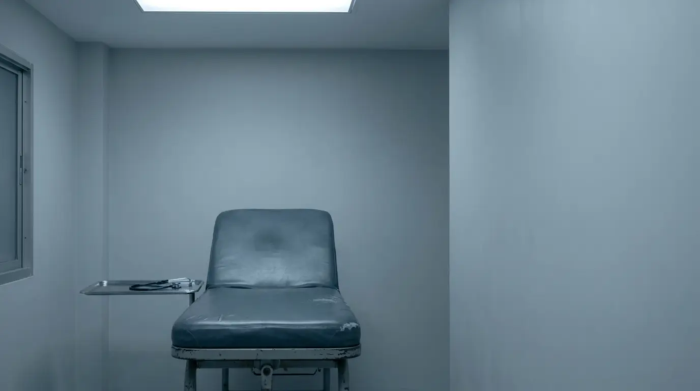 Examination room with empty medical examination table and side tray in a dimly lit setting